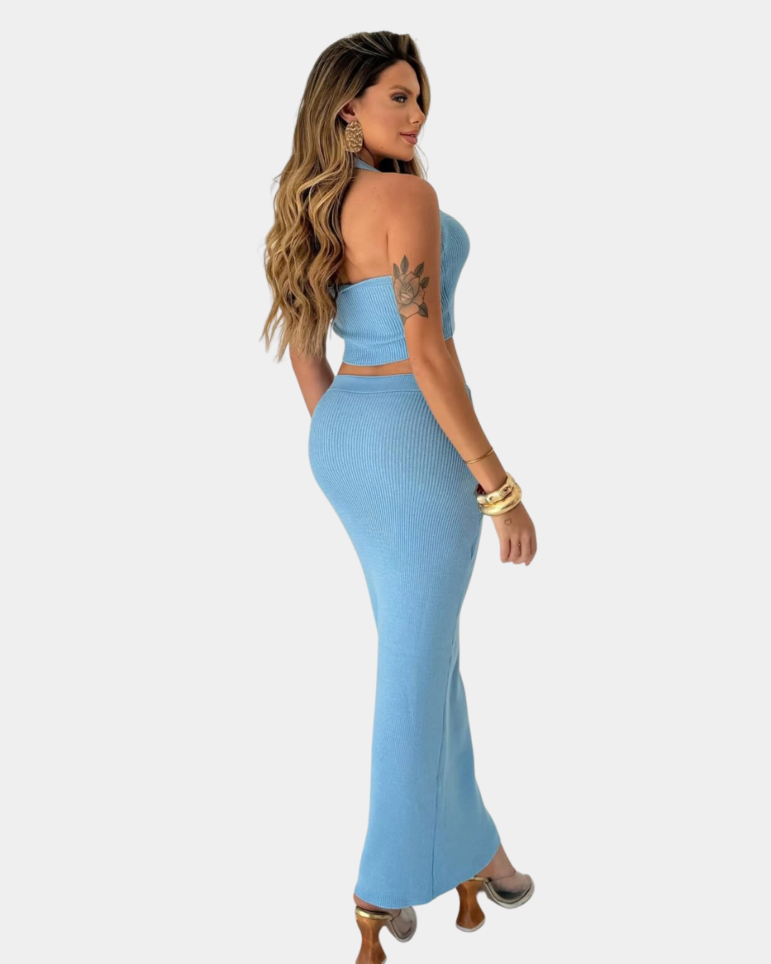 Conjunto de croppend e saia midi em tricot modal premium