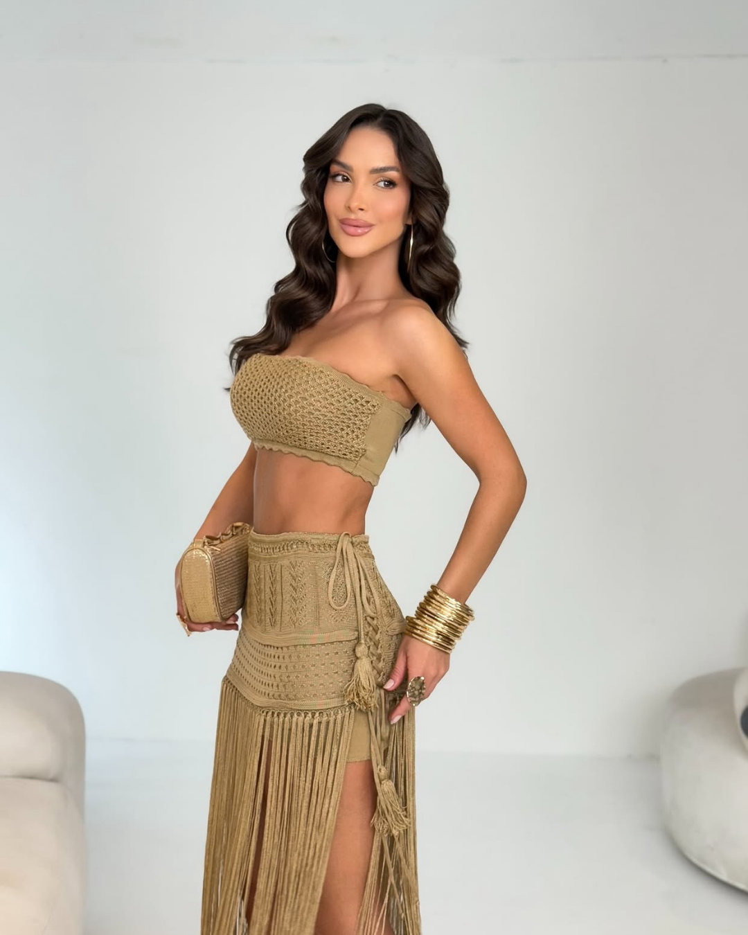 Conjunto tricot com franja essência feminina 2026