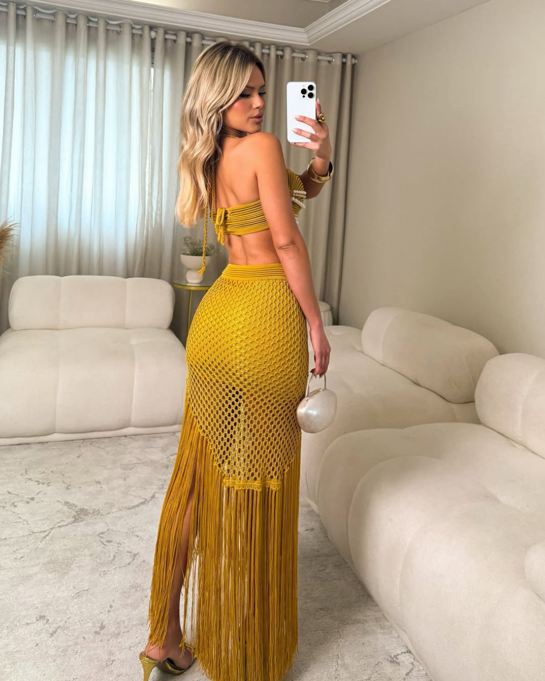 Conjunto Diana Prado em tricot franjado premium com Cropped Perolado