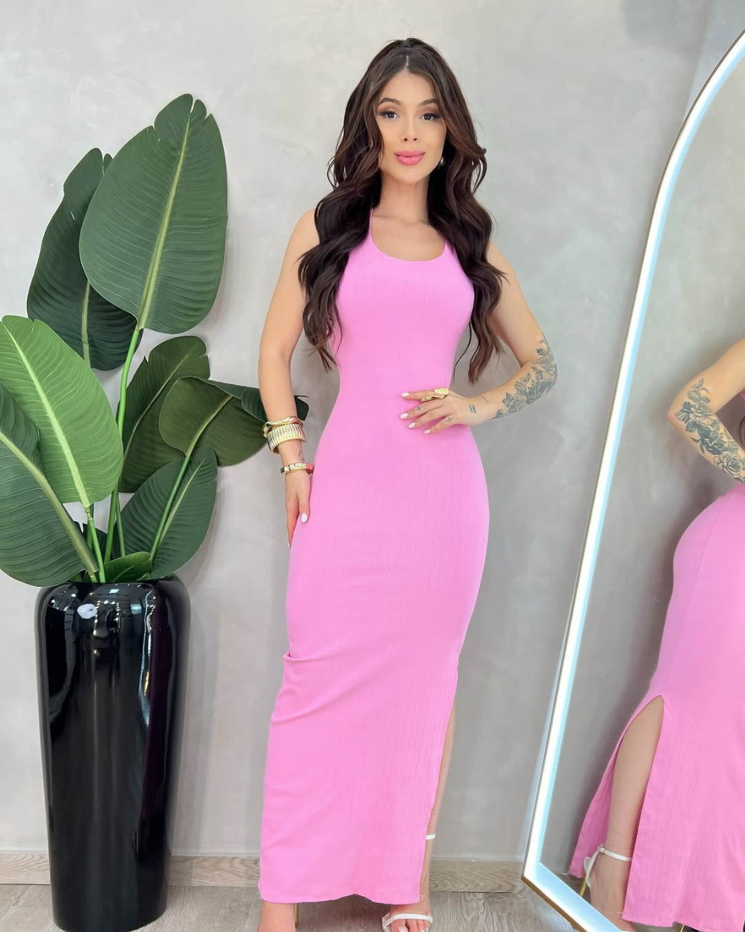 Vestido longo Sabrina em tecido canelado premium